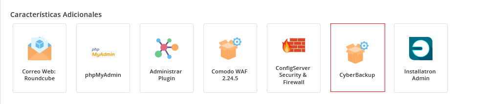 Bloque Características Adicionales del panel DirectAdmin con el icono de CyberBackup destacado