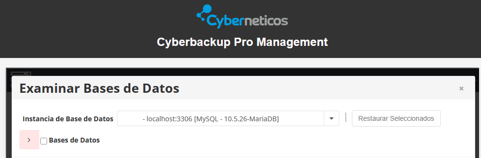 Ventana Examinar Bases de Datos con el selector de instancia y el botón Restaurar Seleccionados